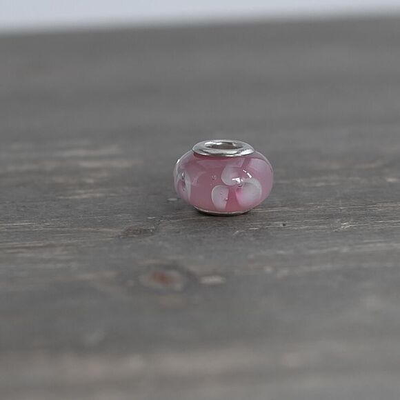 Murano Glass Style Pink Spacer Charm Bead Silver Tone Floral Pattern 5mm Opening - Picture 2 of 5